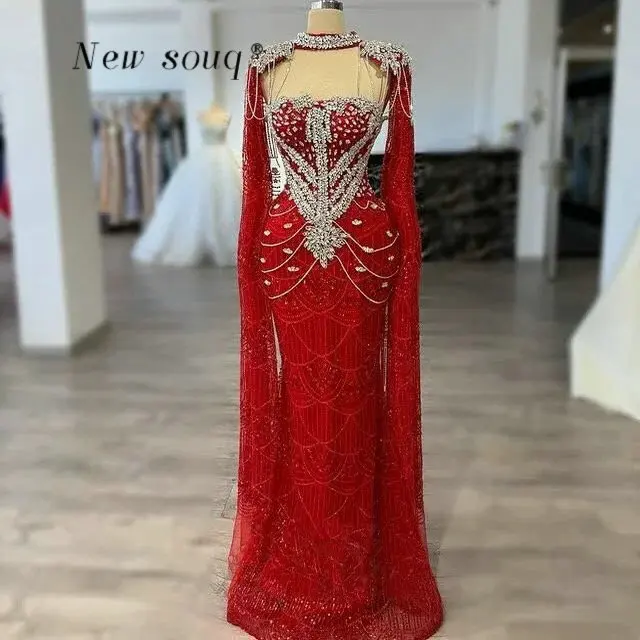 

Elegant Red Sparkle Crystals Stones Mermaid Evening Dresses with Cape Customized Long Formal Prom Gowns for Weddings Party