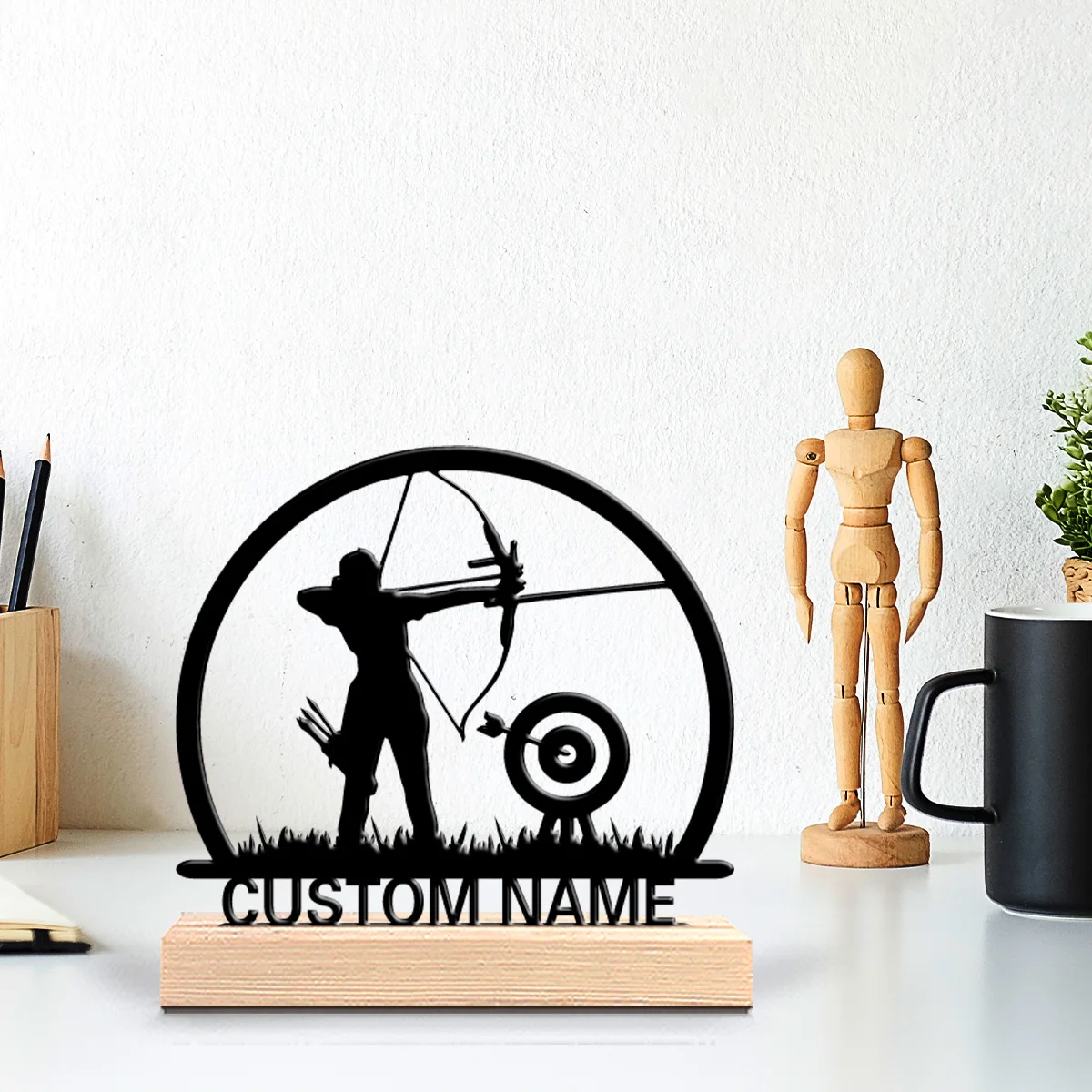 1pc Fun Personalized Custom Archery Metal Statues Vibrant Desk Sculpture with Wooden Base Ideal for Eclectic Homes Global