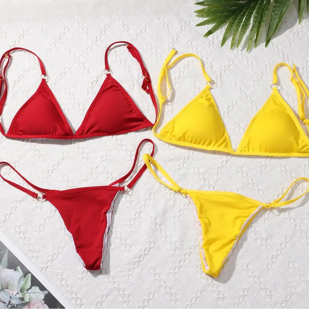 Conjunto de bikini de traje de baño dividido de dos piezas de color sólido con hebilla de metal sexy de cintura baja para playa para mujer