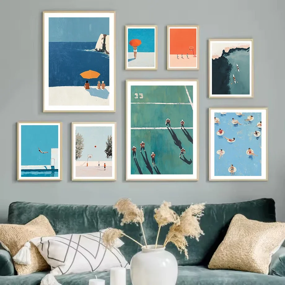 Minimalist Sports Tiny Ball Player Summer Swimming Pool Green Ocean Poster Canvas Painting Wall Art Pictures Home Interior Decor