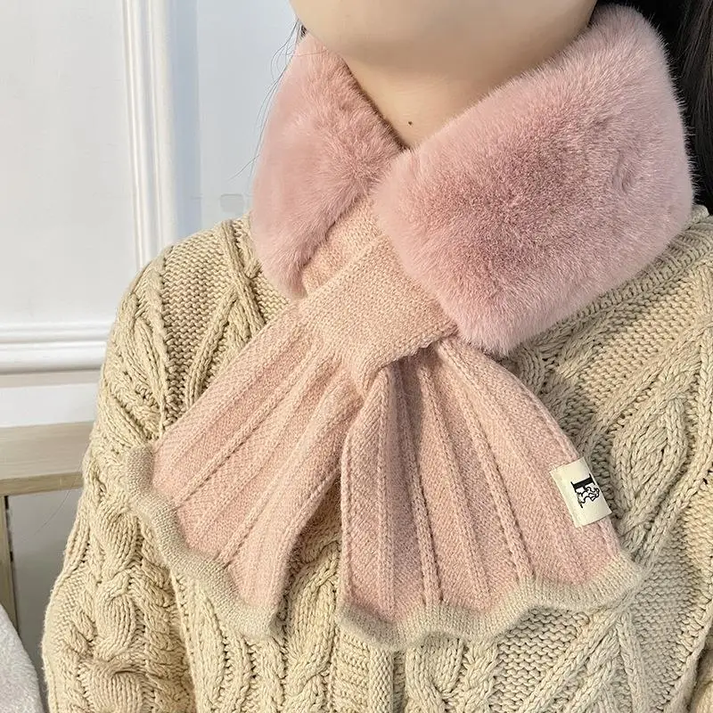 Winter Ruffle Knitted Cross Scarf Faux Rabbit Fur Thickened Soft Scarves for Women Winter Patchwork Neck Warmer Collar Scarf