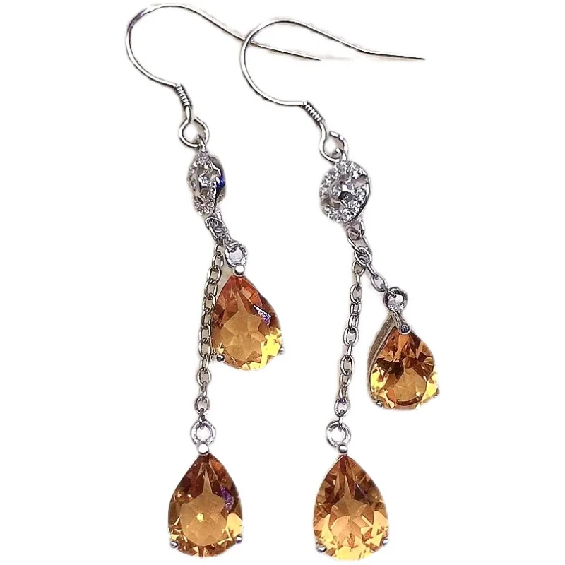 Fashion Crystal Drop Earrings for Evening Party 6*8mm VVS Grade Natural Citrine Eardrop Solid 925 Silver Citrine Silver Earrings