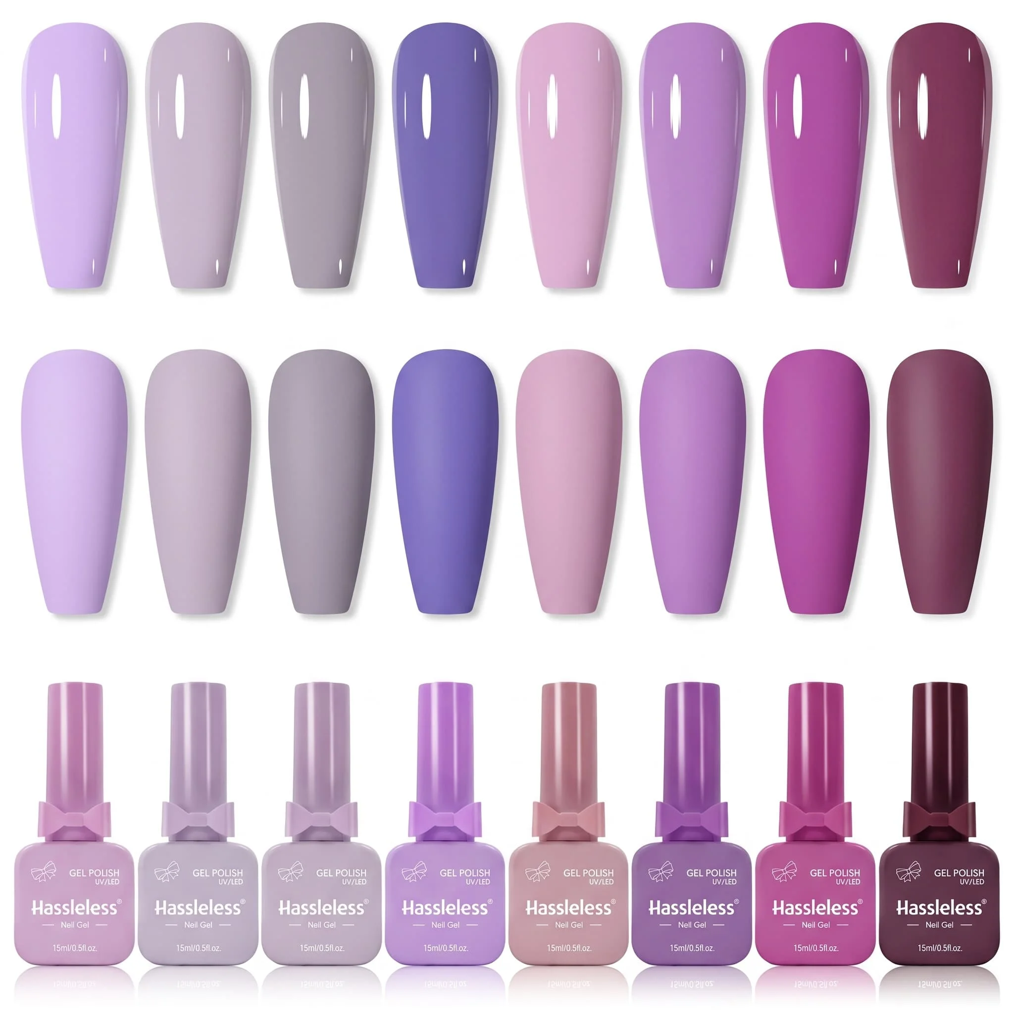 Hassleless 8 PCS Taro Purple Nail Gel Polish Set, removable phototherapy nail gel, gentle purple color series, smooth and full application with a translucent finish, mirror-like high gloss shine, long-lasting color ret
