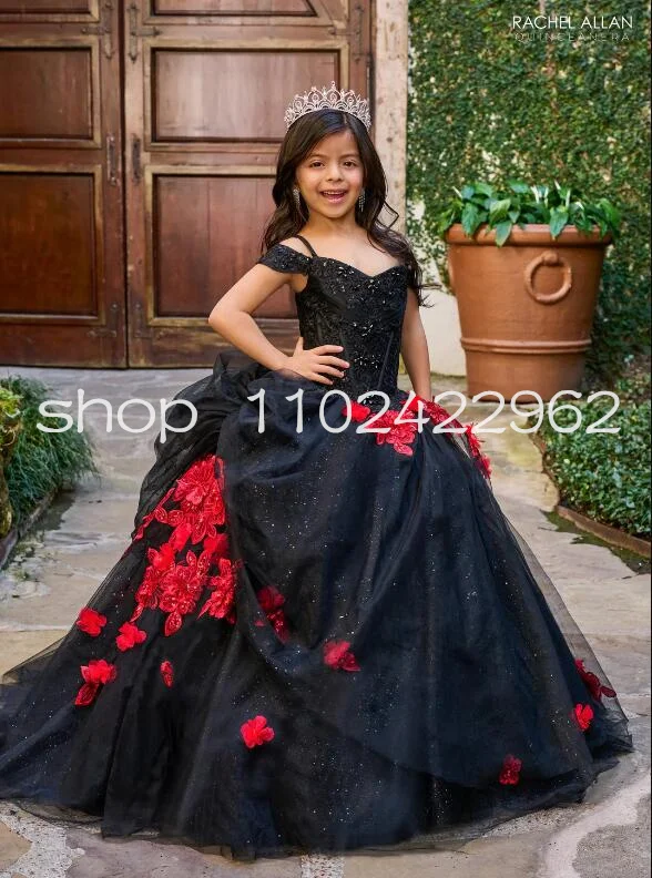 Girl's 3D Floral Off Shoulder Mini Quinceanera Dresses Black Red Gothic Butterfly Floal Lace-up Princess Flower Girl Dress