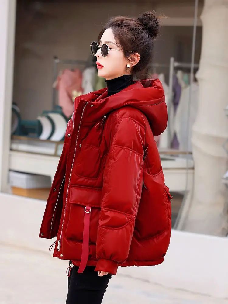 glossy Down Cotton Jacket Thick Warm Hooded Puffer Jacket Women Long Sleeve Parka Oversized Korean Coat Black Red Green Blue