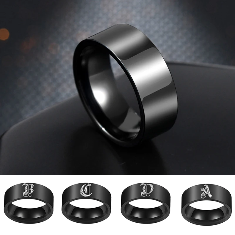 

Customized Engraved Initials A To Z Men Rings 8mm Stainless Steel Vintage Letters for Women Ring Simple Jewelry