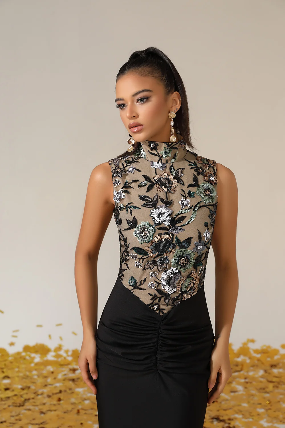 VC Black Sleeveless High Neck Maxi Dress –  Sheer Mesh Gown with Floral Sequin Embroidery for Formal Parties & Weddings