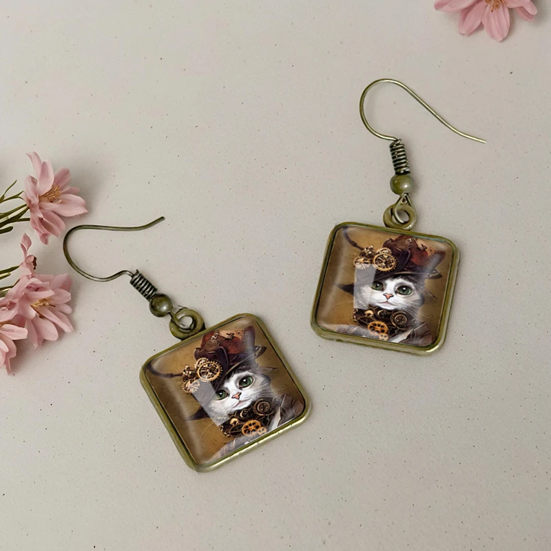 2025 New Steampunk Gothic Cat Square Earring Retro Glass Dangle Earrings Handmade Jewelry Gift