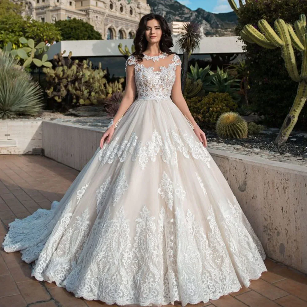 Vestido de novia personalizado con cuentas y lentejuelas, vestido de fiesta de princesa, bata de manga larga, vestido de novia con botones y cuello redondo