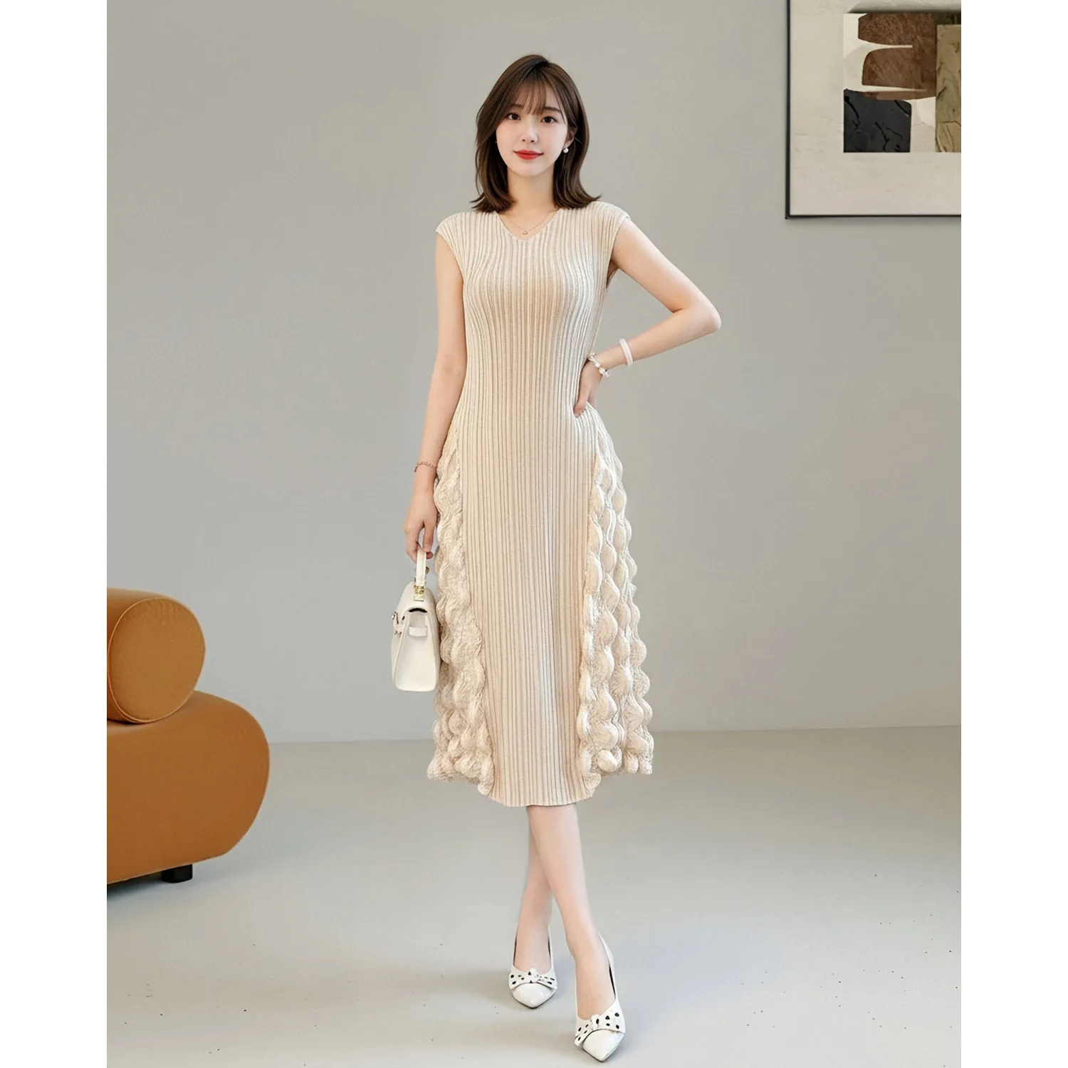 Miyake Pleated Women's Casual Dress 2026 Japanese Design Solid Color Loose Handmade Puff Pleat Pink Vest Midi Dresses