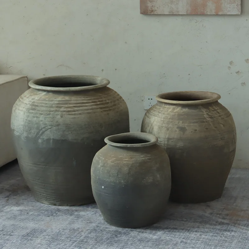 Wholesale spot wabi sandy wind large round belly pottery pot floor-to-ceiling large vase B & B coarse pottery flower ware