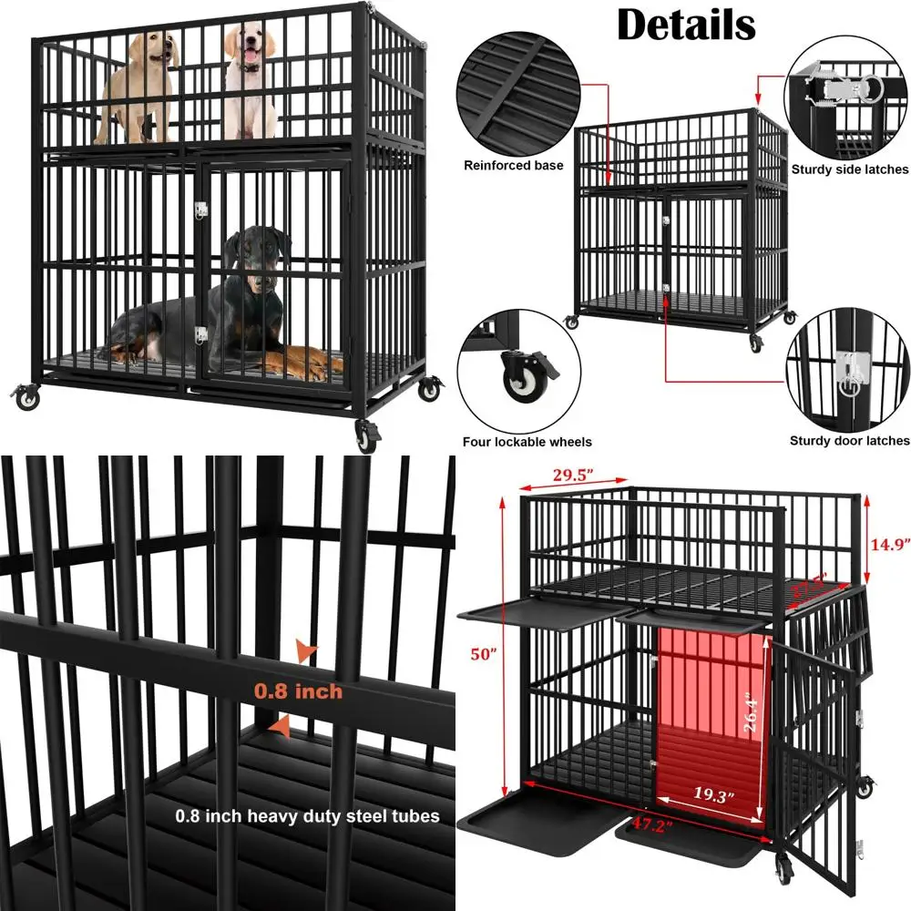 

48 Inch Double Layer Heavy Duty Dog Crate - Indestructible with 0.8 Inch Steel Tube Reinforcement for Breeding and Mother-Puppy
