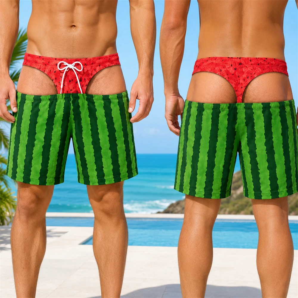 3D Print Fake Buttock Funny Fruit Pattern Men Swim Trunks Watermelon Banana Pineapple Summer Outdoor Sea Beach Shorts Party Hot