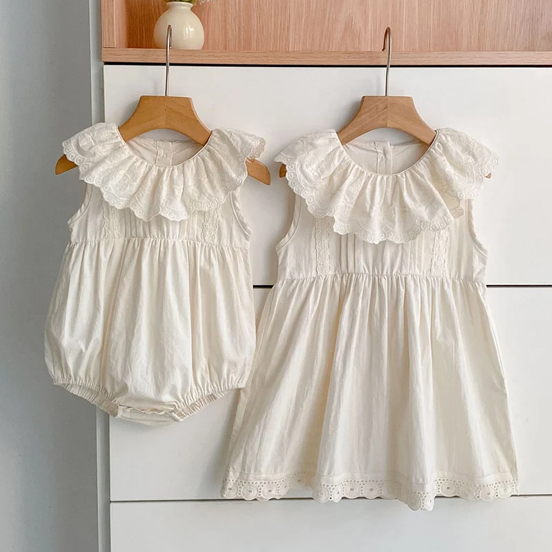 2026 New Summer Sister Clothing 2-6Yrs Baby Girl Party Dress Kids Princess Dresses Sleeveless Cotton Splicing Infant Baby Romper