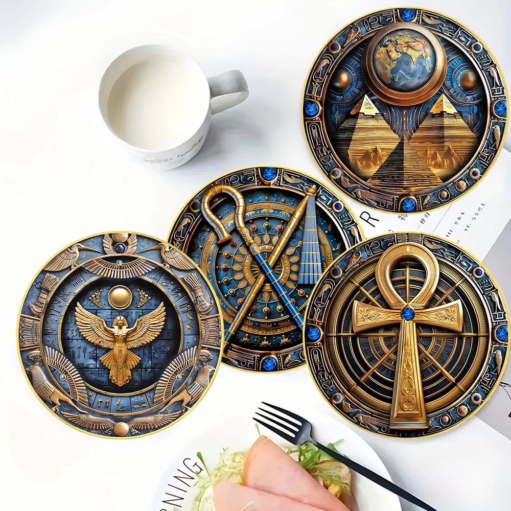 Egyptian Style 2D Wooden Coaster Retro Heat Resistant Non-Slip Creative Light Weight Home Ideal Coffee Shops Tea House Decor
