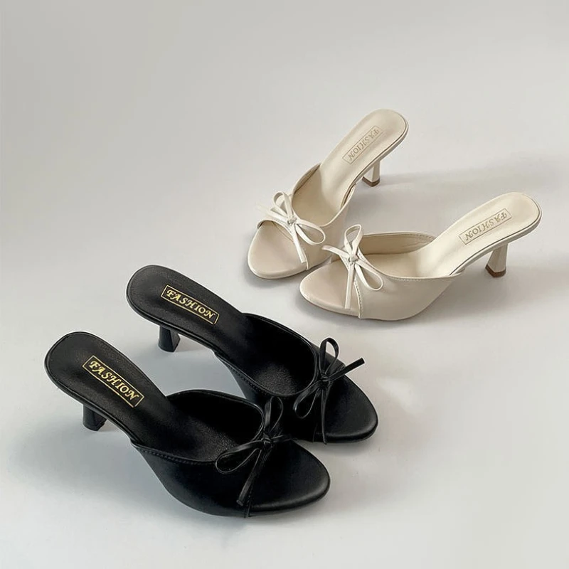 

Butterfly-knot Slip On Women Slippers 2026 Summer High Heel Party Mules Shoes Elegant Open Toe Date Night Dress Slides