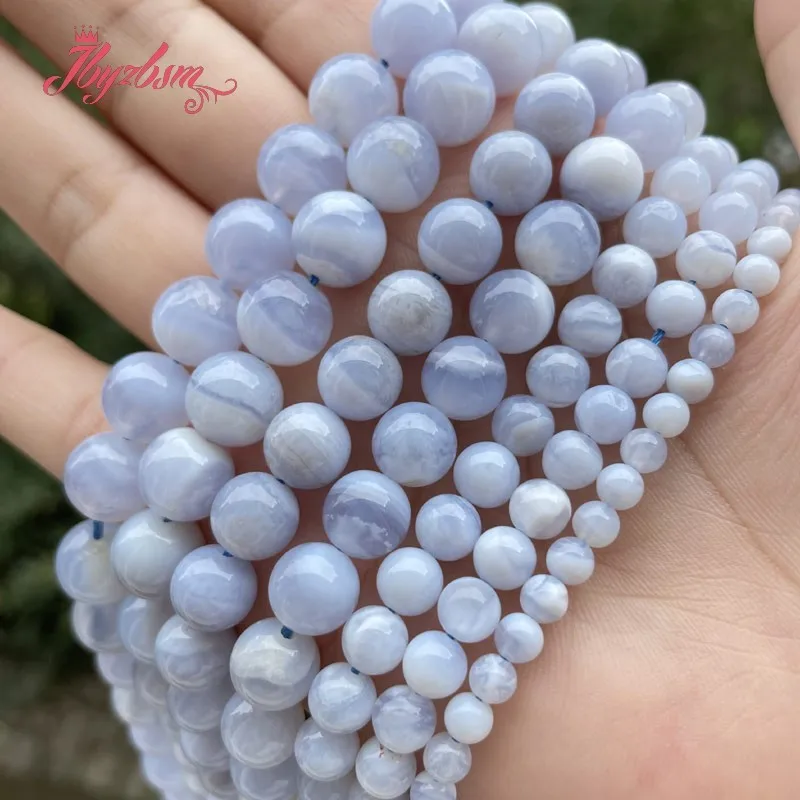 Natural Blue Chalcedony Agate Smooth Round Stone Beads For DIY Necklace Bracelet Jewelry Making Strand 15\