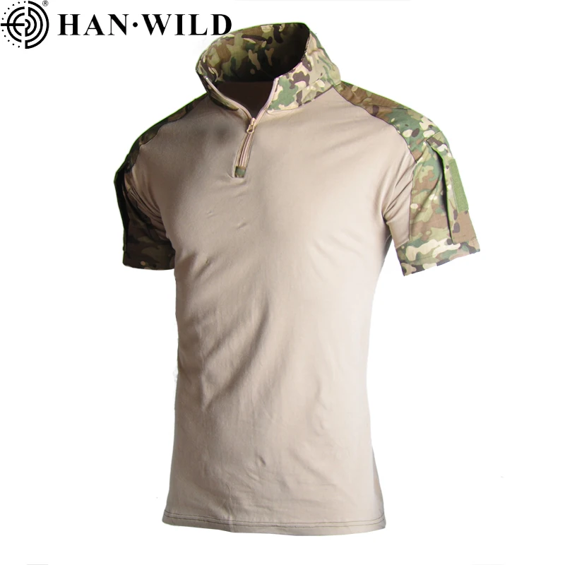 HAN WILD Tactical T-shirt Camo Shirt Short Sleeves Men Hiking Shirt Combat T-shirt Clothing Elastic Breathable Summer Clothes