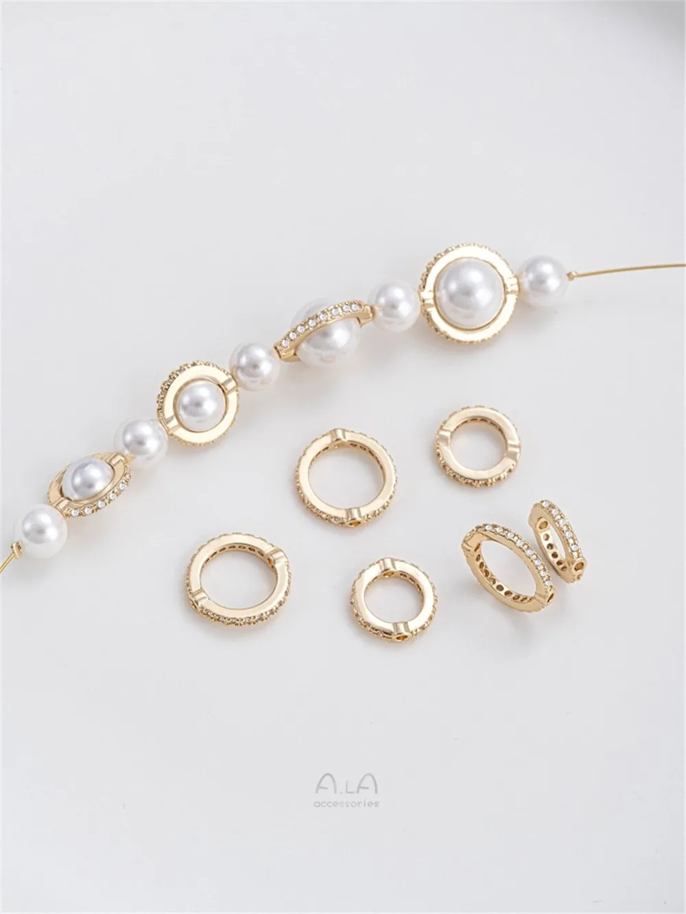 14K Gold-Coated Zircon Anel Set, Anel Bead, DIY String, Pulseira Pérola, Colar, Acessórios Da Jóia, K029