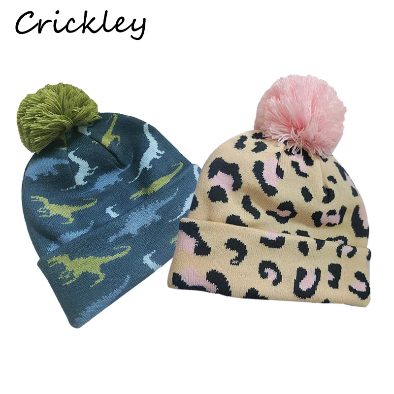 

Cartoon Leopard Boys Girls Hats Autumn Winter Pom Pom Double Layer Knitted Kids Hats Windproof Warm Soft Children Caps