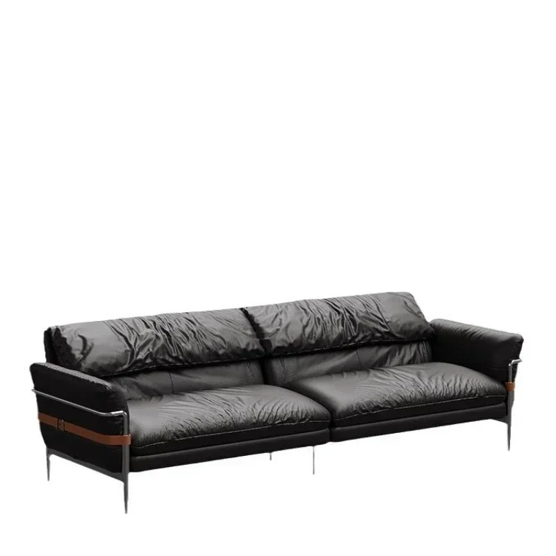 Furniture sofa black leather so fa size apartment living room retr o straight row three-pers on so fa leather