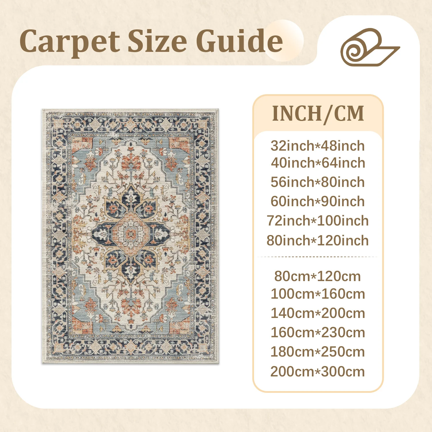 Large Indoor Area Rug, Soft Velvet Low Pile with Non-Slip Dotted Backing, Machine Washable Vintage Medallion Persian Style Floor Rug for Living Room, Bedroom, Entryway, Distressed Blue Terracotta Neutral Tones