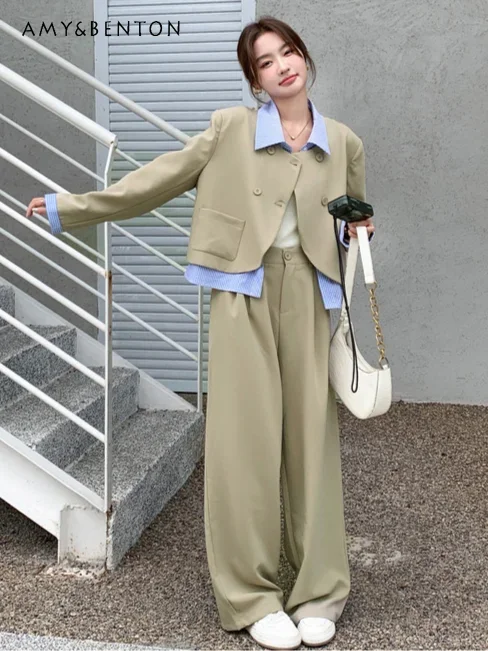 

Commute Style Fashion Fake Two Pieces Leisure Suit Jacket High Waist Wide Leg Pants Two-Piece Set High Sense Business Outfits