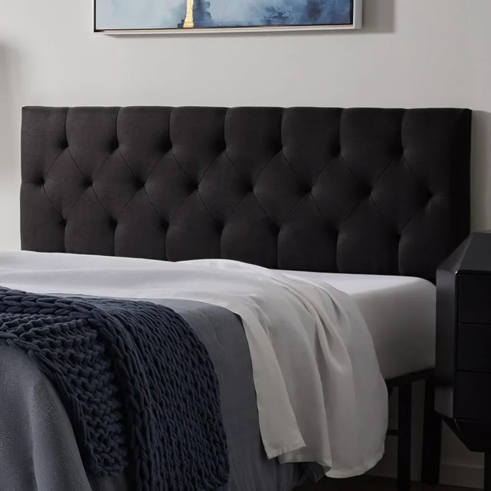 Mid-Rise Upholstered Headboard - Diamond Tufted Padded Polyester - Adjustable Height from 34” to 46”Sturdy -Black  Queen Size