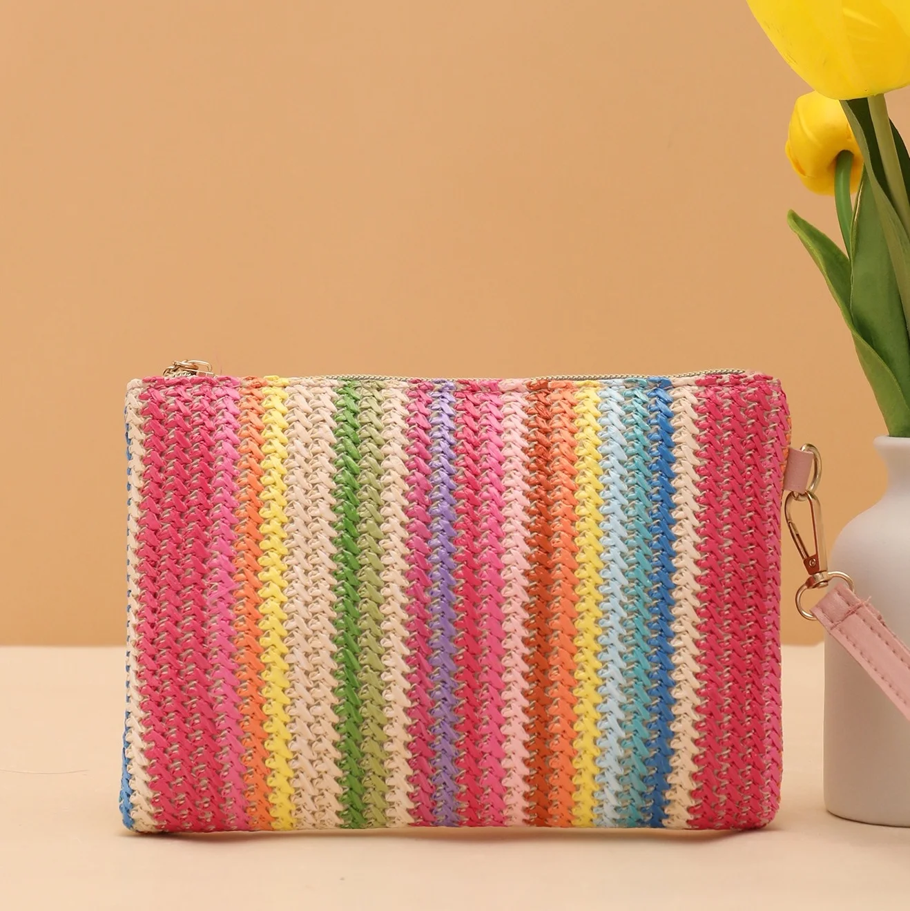 

Colourful Weaving Bag Fashion Ladies Wristlet Clutch Women Money Phone Bag Solid Straw Woven Coin Purse Beach Wallet Card Holder