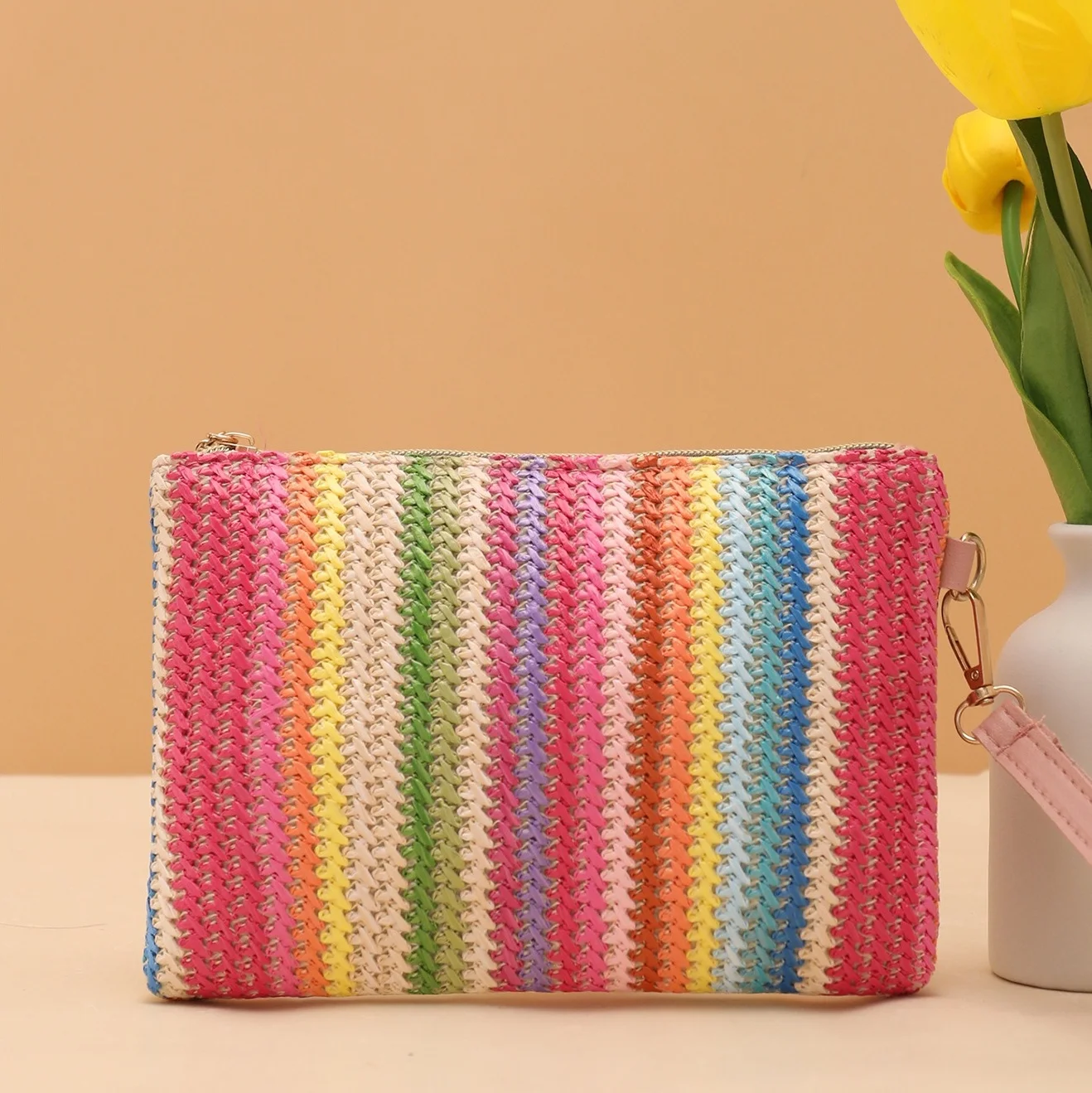 Rattan Knitting Women Straw Bags Fashion Colorful Summer Beach Clutch Bag Female Woven Wristlet Bag Wallet Money Coin Purse