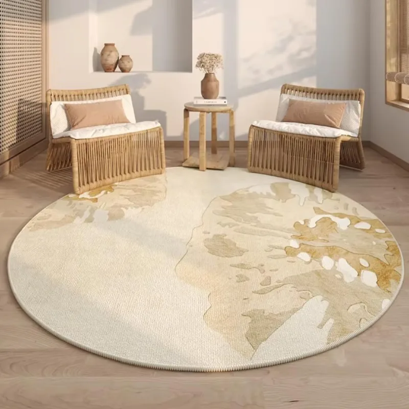 Round Carpet Soft Decorative Floor Mat Abstract Beige Marble Art Floor Rug for Living Room Bedroom Balcony Western Home Decor