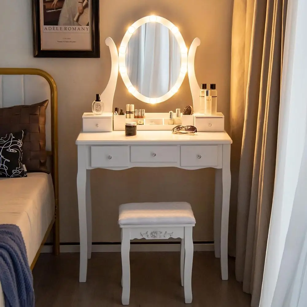 

Lighted Makeup Vanity Desk with 10 LED Lights, 3-Color Settings, Adjustable Brightness, 5 Drawers, White Dressing Table Set with