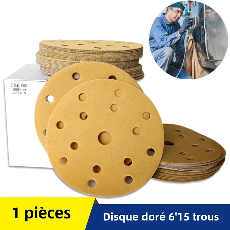 Disque de ponçage à crochet et boucle de 6 pouces, 15 trous, papier de verre de 150MM, humide et sec, grains 60-2000, oxyde d'aluminium pour le polissage automatique du bois de voiture