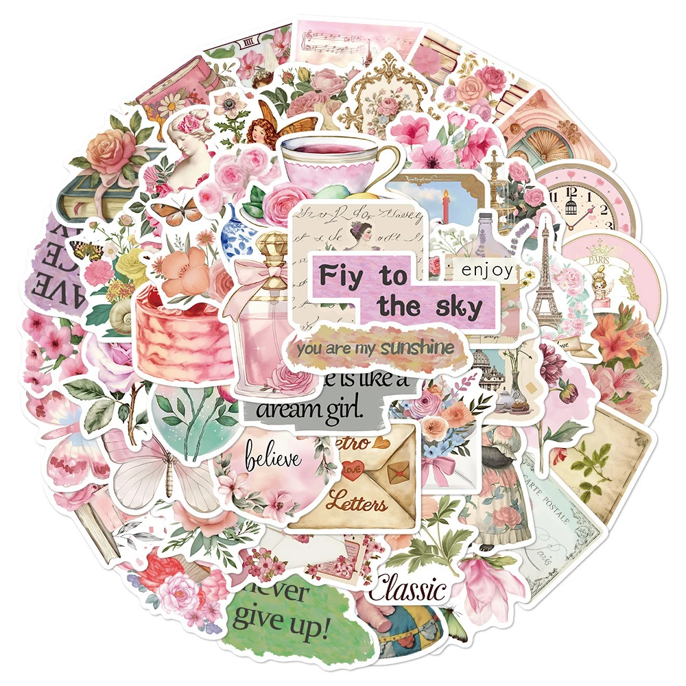

10/30/50pcs Vintage Pink Art Style Aesthetic Stickers Cartoon Animals Flower Sticker Water Bottle Luggage Phone Girl Decals Toys