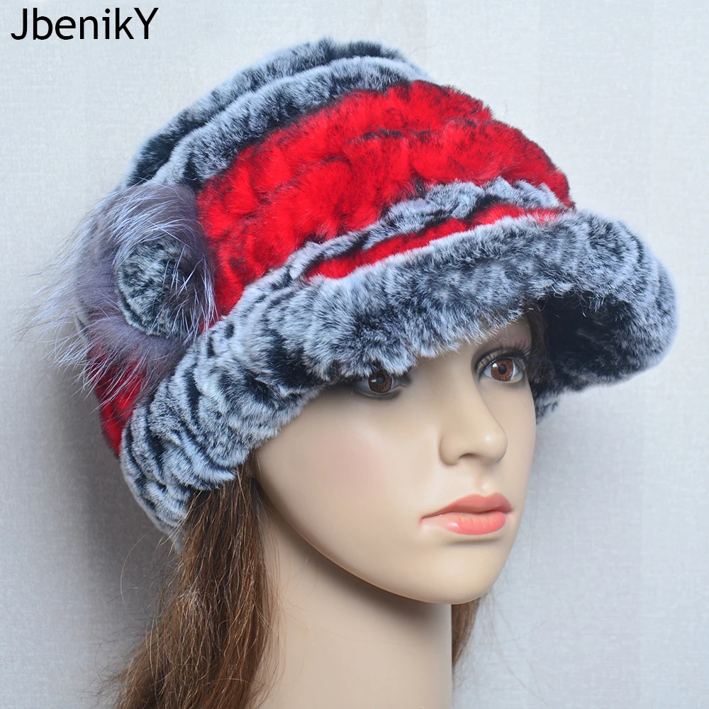 Rabbit Fur Cap Hats for Women Winter Floral Real Rex Fur Hat Elastic Beanies Warm Fashion Ladies Snow Hat