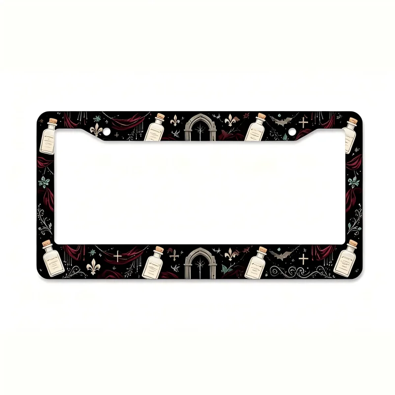 2D Flat, Black Background with Gothic-style Magic Potion Bottle Bat Arch Cross and Red Vintage Printed License Plate Frame