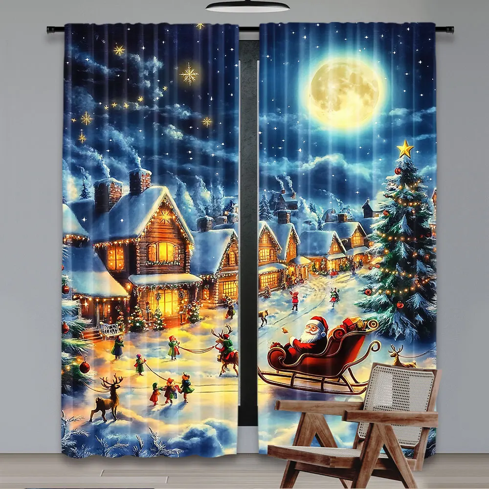 2Pcs Christmas Santa Claus Curtains Xmas Tree Elk Sledge Winter Rustic Country Night Snow Scenery Suitable For Bedroom Living