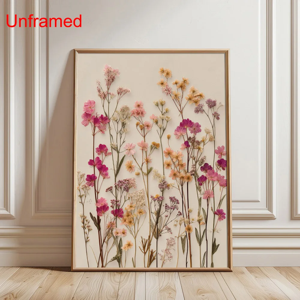 1pc Unframed Spring Boho Botanical Floral Canvas Poster Blush Pink Wildflower Bouquet Wall Art Rustic Cottagecore Decor Painting