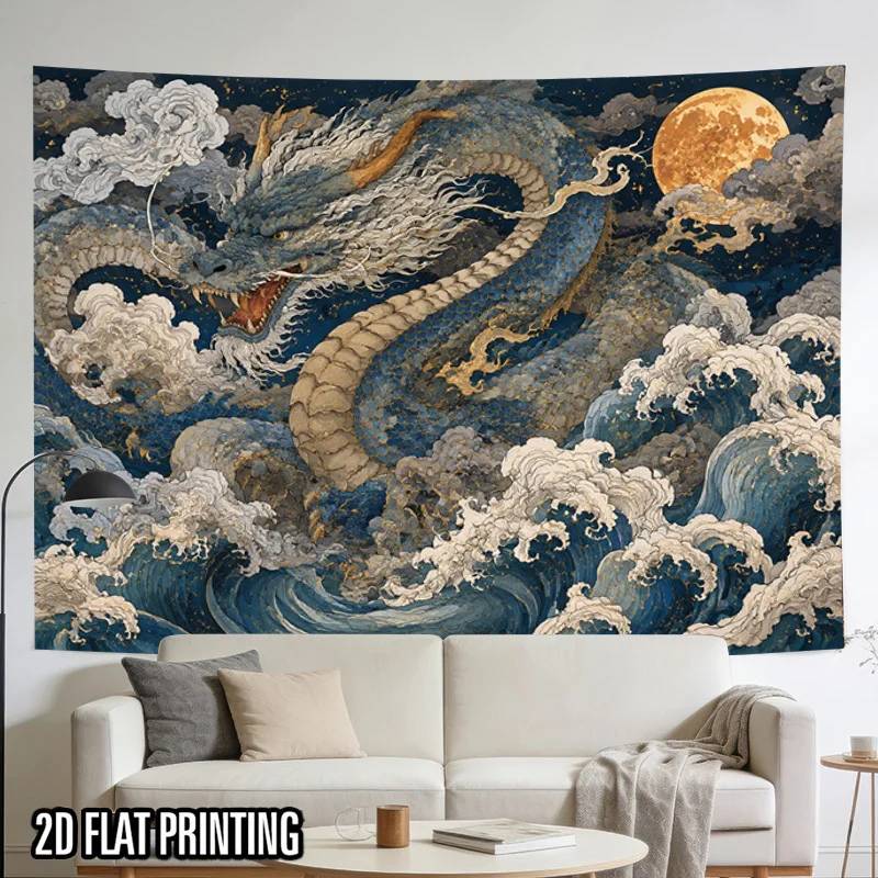 Oriental Dragon Tapestry, Traditional Blue Dragon Roaring Ocean Waves Moon Cloud Art Wall Hanging for Bedroom Living Room Decor
