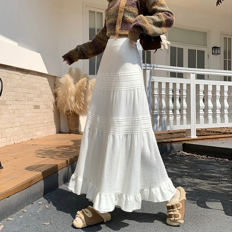 2026 Herfst Winter Kant Splitsen Gebreide Halve Rok Vrouwen Hoge Taille Afslanken Garen Taart Rok Brede A-lijn Casual rok