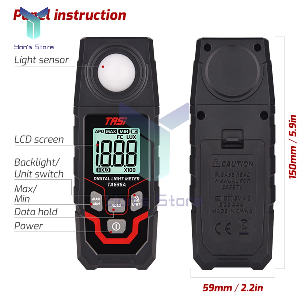TA636A Digital Light Meter Illuminance Lux Meter Record 0.1-200000LUX/0.01-20000FC Measurement Range Flexible Sensor Tester