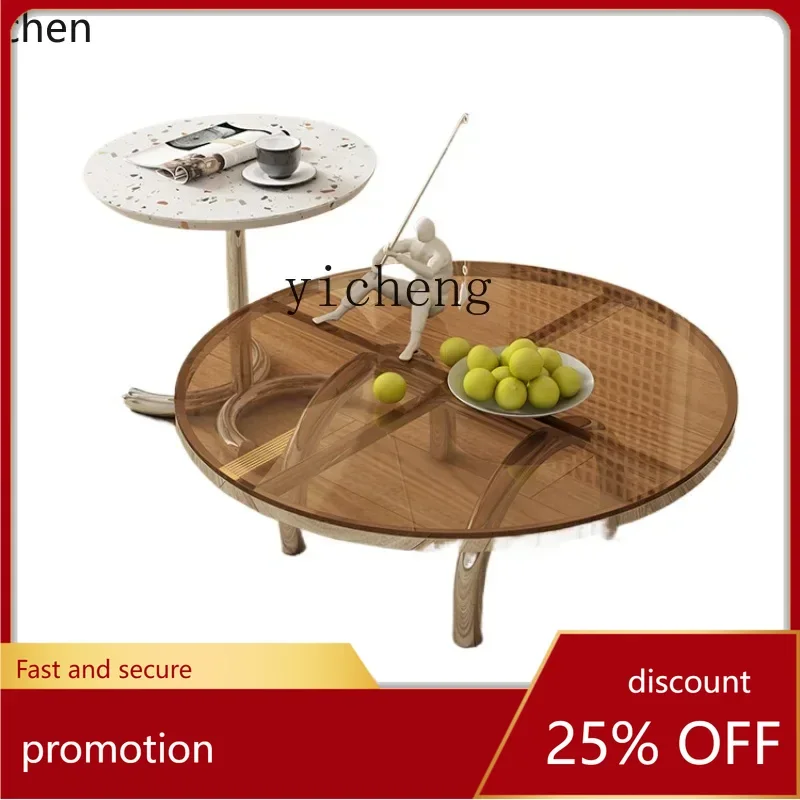 ZMLglass round coffee table small apartment living room household stainless steel size round coffee table