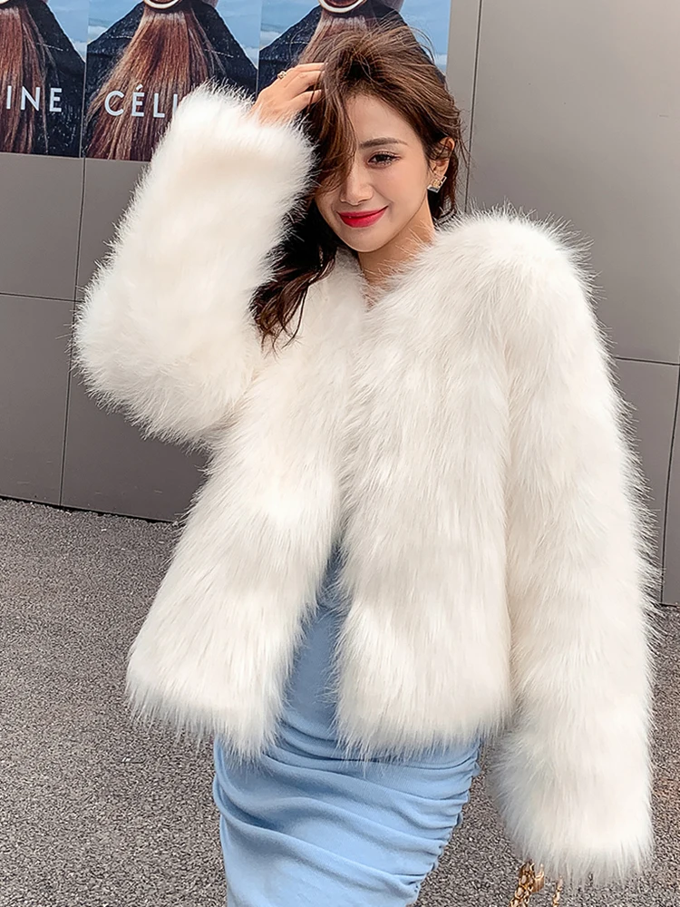 

Elegant Warm Faux Fur Coat Women Korean Slim Long Sleeve Sweet Jacket Winter O Neck Female Chic All Match O Neck Fashion Tops