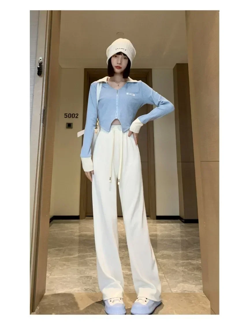 

New Autumn Gray Lace Up Pants Women Winter Plus Velvet Wide Leg Pants Women's High Waist Straight Warm Loose Y2k Trousers