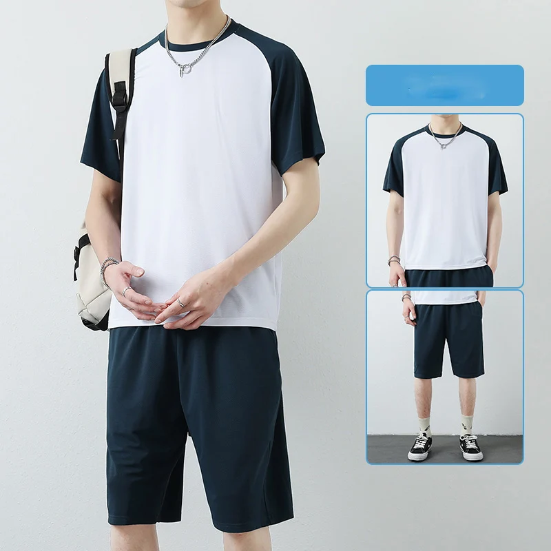 Fashion O-Neck Spliced Loose All-match Short Sleeve Men\'s Sets 2024 Summer New Oversized Elastic High Waist Shorts Casual Sets