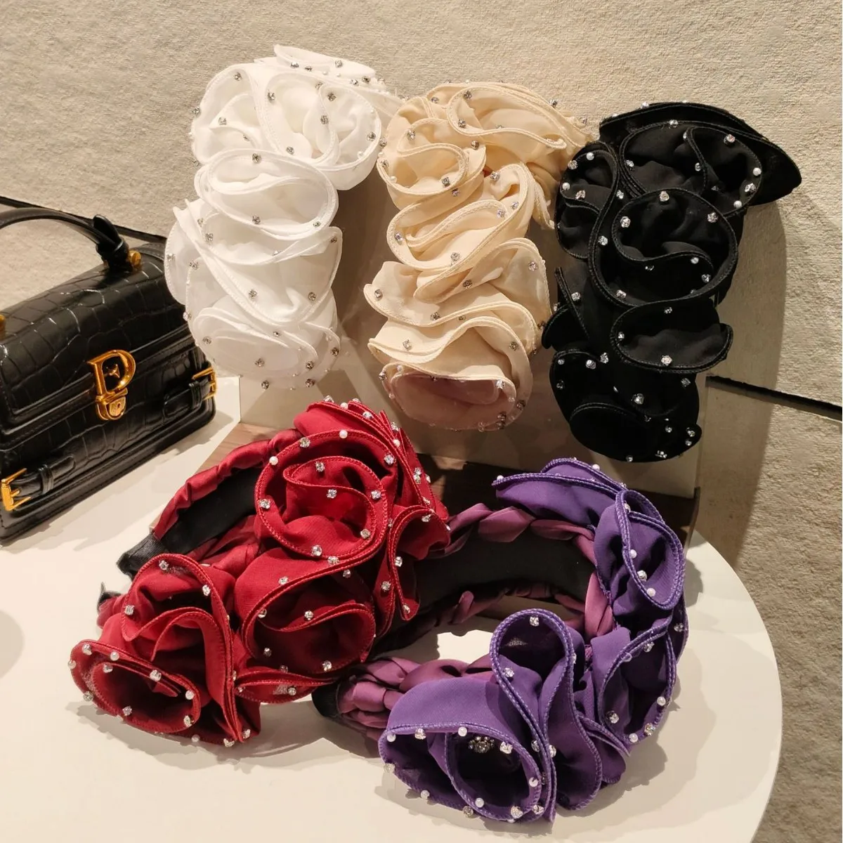

Spring New Product Ruffled Fabric Heavy-duty Rhinestone Headband for Women