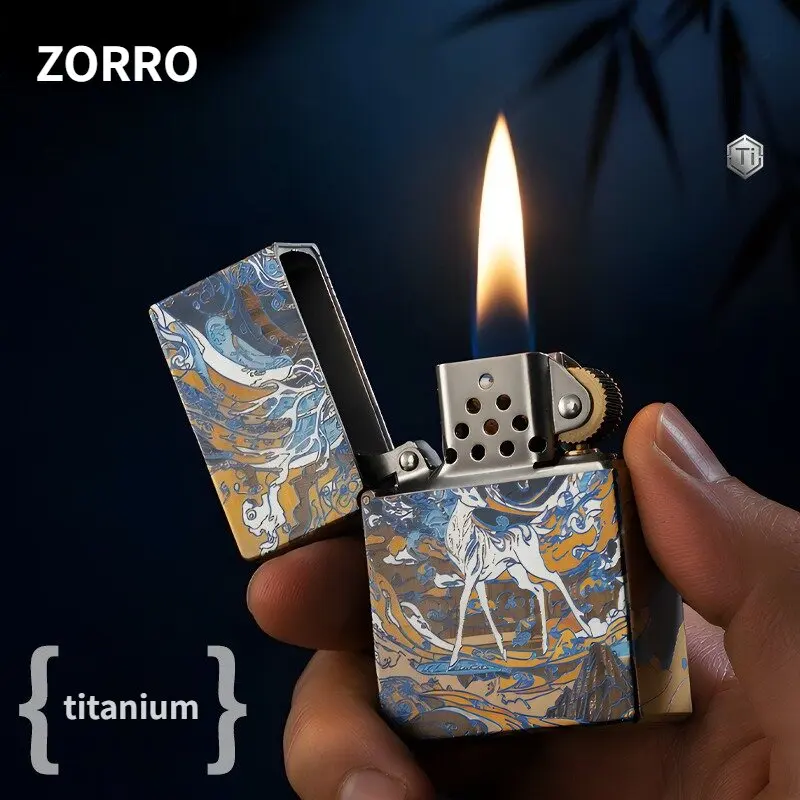 ZORRO Titanium Alloy Kerosenes Lighter, Laser Engraved Anime Pattern, Windproof Grinding Wheel Lighter, High-end Gift for Men