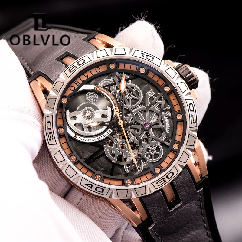 OBLVLO Sport Racing Design Watches For Men Skeleton Dial Rose Gold Automatic Self-Wind Watches Sapphire Glass Waterproof Watch