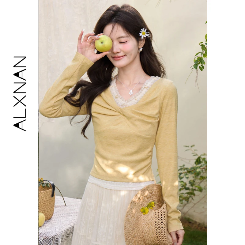 

ALXNAN Yellow T-shirt Lace Patchwork V-neck Cross Twist Knot Cropped Long Sleeve Tees 2026 Spring Elegant Slim-fit Tops L61602