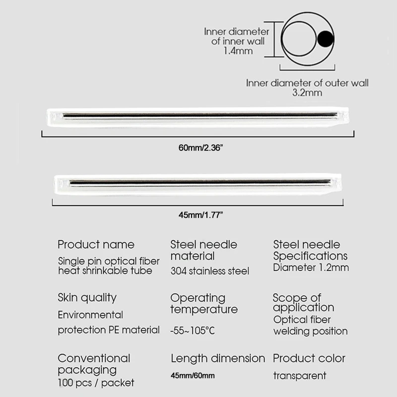 Fibre optique OD1.3mm pour épissure pour manchons Protection, 45mm 60mm, pré-ébranlée, acier inoxydable 304 100